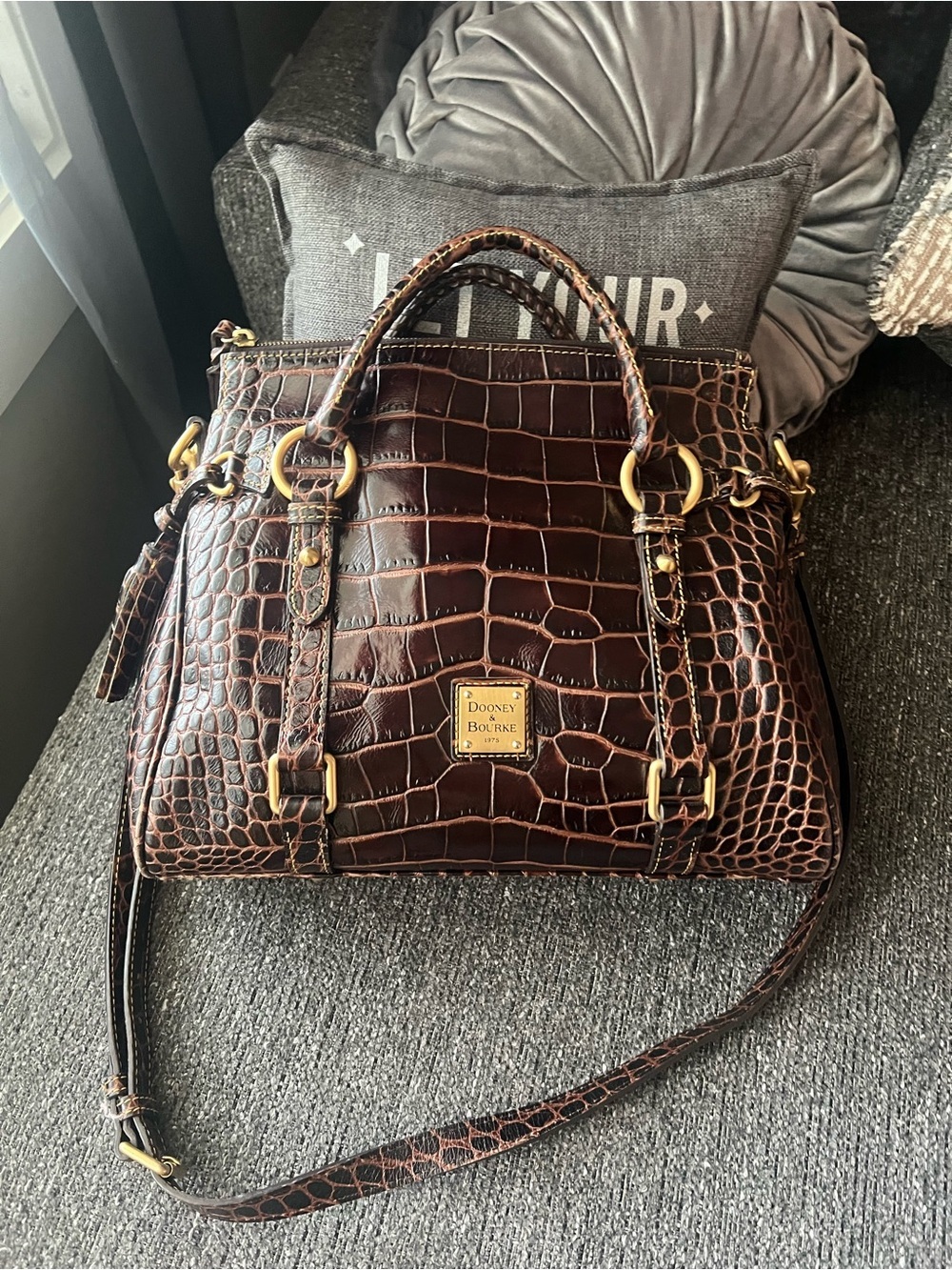 Dooney & Bourke Dark Brown Croc-Embossed Leather Satchel